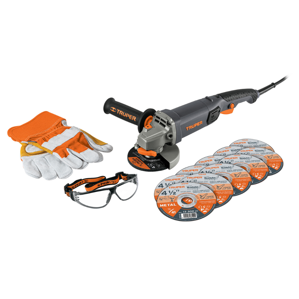 Combo Pulidora Truper 4 1/2″ 950W + 10 discos, Guantes y Gafas 101456