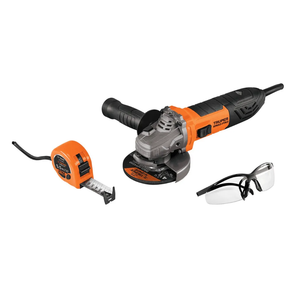 Combo Pulidora Truper ErgoPro 4 1/2″ 850W + Gafas y Flexometro 100250