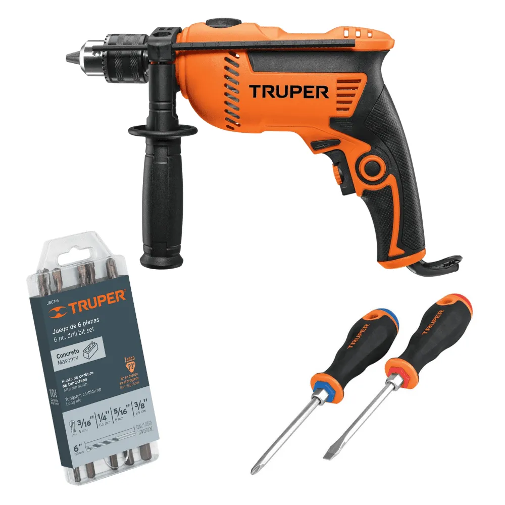 Combo Taladro Percutor Truper 1/2″ 650W + Brocas y Destornilladores 100291